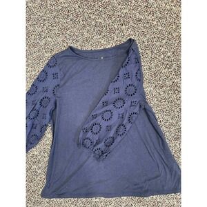 Eyelet Sleeve Top Blouse 3/4 Sleeve Navy‎ Blue Casual Everyday